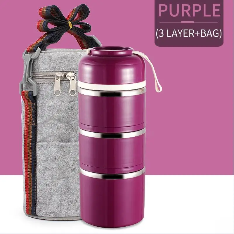 Purple 3 With Bag WORTHBUY милый японский термальный Ланч-бокс герметичный из нержавеющей стали Bento box детский портативный контейнер для еды для пикника и школы - Цвет: Purple 3 With Bag