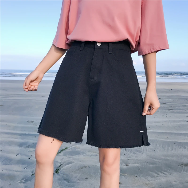 Винтажные широкие шорты с кисточками женские свободные джинсы с высокой талией шорты средней длины Harajuku повседневные летние джинсовые