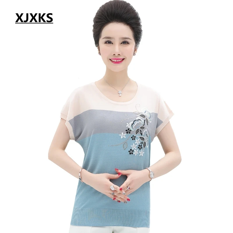 

XJXKS 2019 Summer Women Tee Shirt Femme Middle-aged Women Tops Plus Size Knitted Stitching Thin Short-sleeved T-shirt