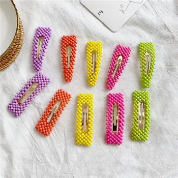 

Korea Candy Color Hollow Geometric Rectangle Waterdrop Beads Hair Clip For Women Handmade Braided Plastic Beads Hair Accessories