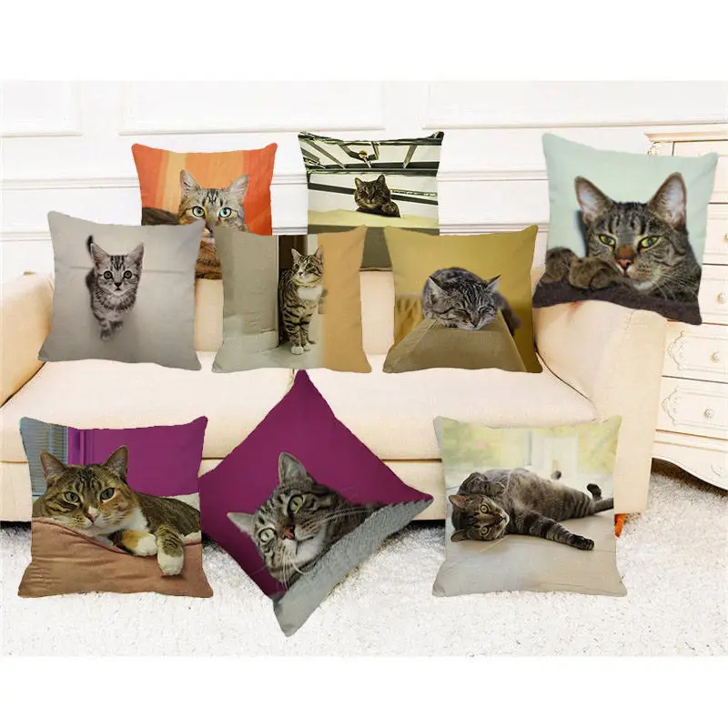 

XUNYU 45cm*45cm Cute Gray Cat Cushion Cover Decorative Pillow Case Linen Cushion Cover Sofa Throw Pillowcase B00100