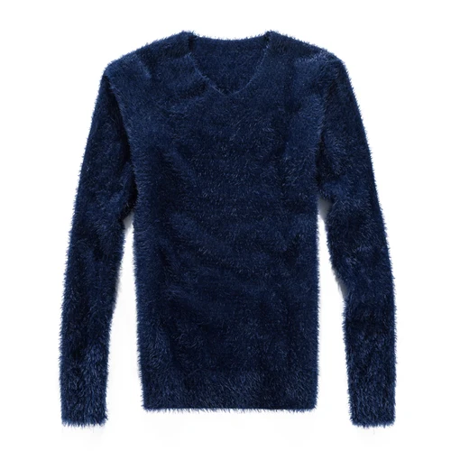 Осень и зима мужской свитер, Высокоэластичный тонкий свитер с v-образным вырезом пуловер, персонализированный однотонный плюшевый джемпер - Цвет: Dark blue