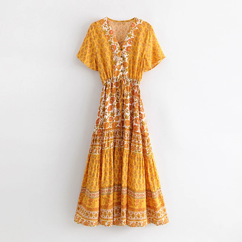 TEELYNN бохо платье вискоза желтый цветочный принт платья v-ncek пляжная одежда летнее платье цыганское длинное женское платье макси vestidos