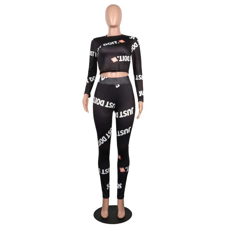 Letter Printed Sexy 2 Piece Set Autumn Long Sleeve Crop Top And Skinny Full Length Pants Women Black Casual Outfits GRNSHTS