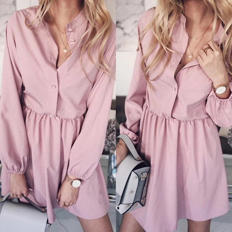 

Women Vintage Front Button A-line Party Dress Long Sleeve Sexy V neck Solid Casual Mini Dress 2019 Early Autumn Fashion Dress