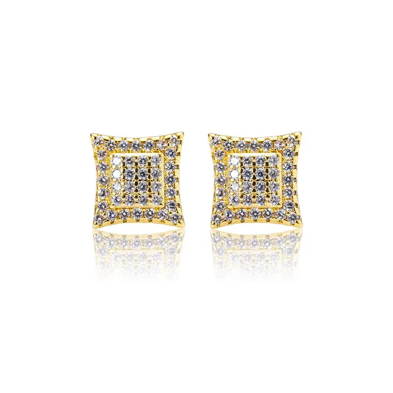 

New Luxury Micro Pave CZ Rhinestone Stud Earring Hip Hop Iced Out Square Bling Gold Color Earrings For Wedding Jewelry 2019