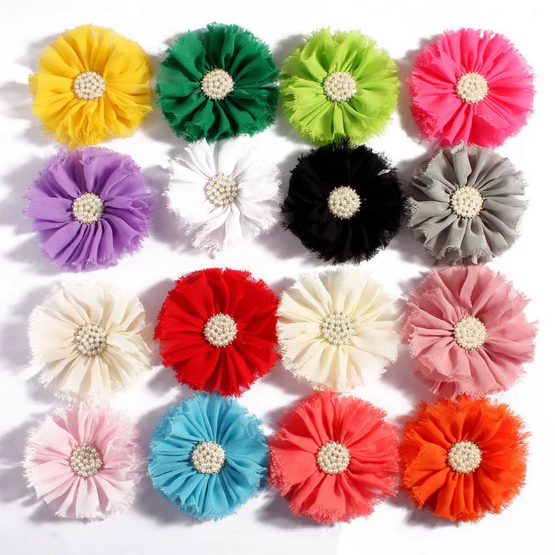 

20pcs/Lot 7.5CM 16Colors Rhinestone ABS Pearl Chiffon Shabby Flower For Kid Girls Hair Bow without Clip Flowers Dress Decoration