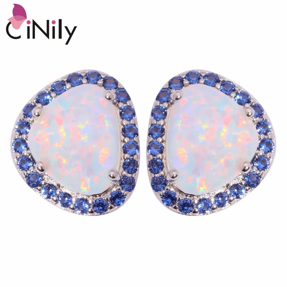 

CiNily Large London Blue & White Fire Opal Stone Stud Earrings Silver Plated CZ Filled Earring Lavish Party Jewelry Women Girls