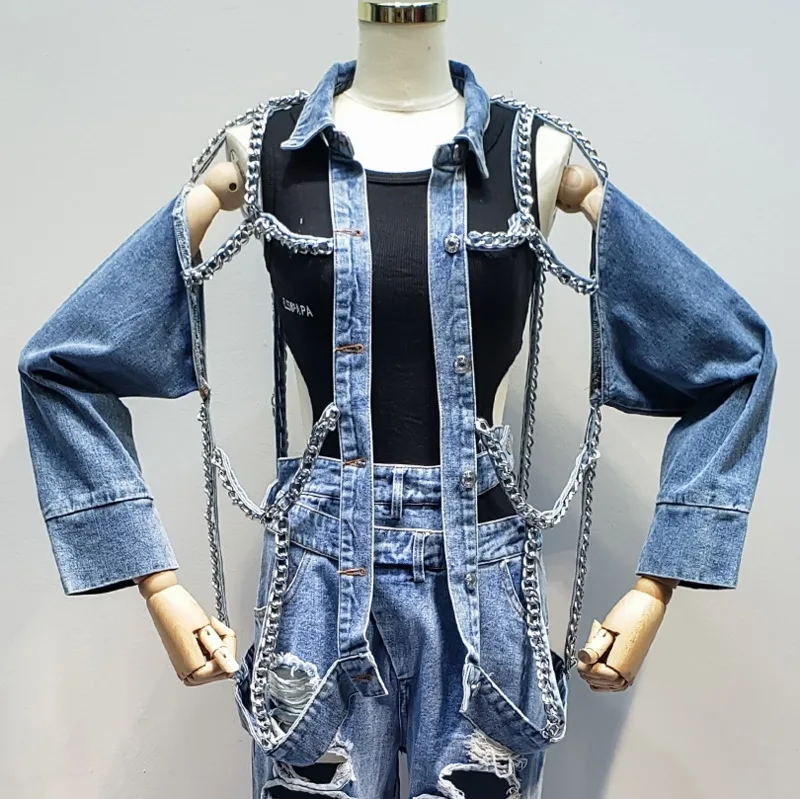 

LANMREM 2019 Autumn New Casual Fashion Temperament Women's Jacket Loose Plus Long-sleeved Iron Chain Jewelry Denim Coat TC470