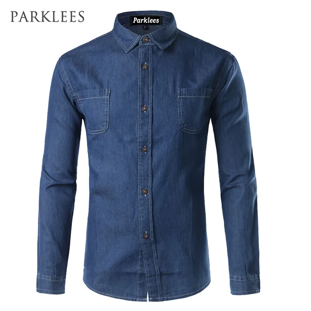 White Denim Shirt Men Brand Design Long Sleeve Mens Shirts Casual Slim