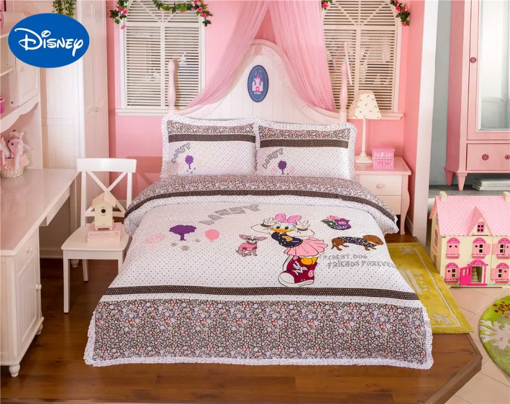 

Lace Daisy Duck Bedding Set Girl's Baby Bed Sheets Duvet Cover Disney Cartoon Cotton Fabric Applique Embroidery Full Queen Size
