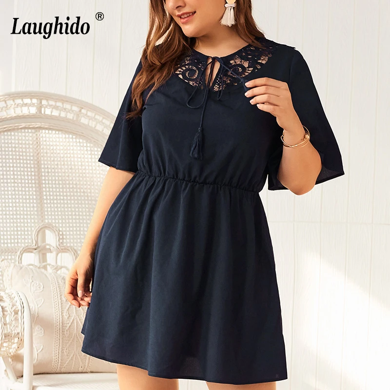 

Laughido Plus Size Lace Patchwork Dress Women Elegant Club Party Vestidos Summer Tunic Slim Robe Hollow Out Tassel Dress Outfits