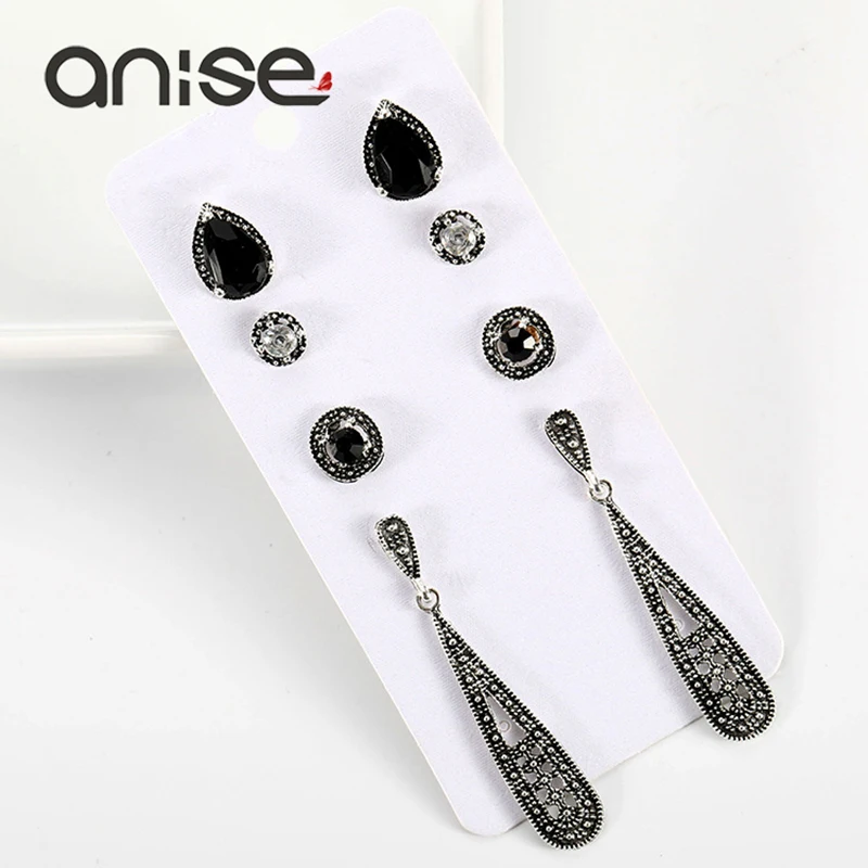 Женские серьги гвоздики со стразами Anise винтажные с черными каплями богемные