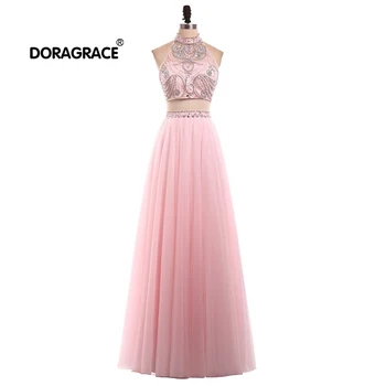 

Doragrace robe de soiree Glamorous A-Line High-Neck Sleeveless Two-Piece Beaded Tulle Pink Prom Dresses Long Evening Gowns