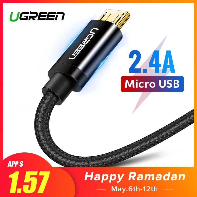 Ugreen Micro USB Cable 2.4A Nylon Fast Charge USB Data Cable for Samsung Xiaomi LG Tablet Android Mobile Phone USB Charging Cord