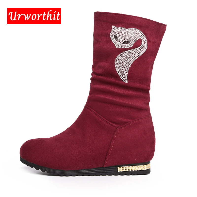 2018 Women Suede Mid Calf Red Boots Winter Autumn Fur Snow Boots Female