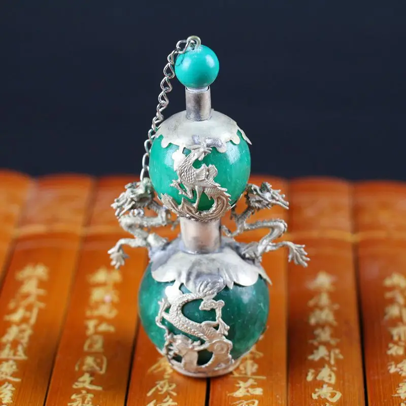 

China old Beijing old goods carvings Shuanglong silver coated jade Snuff bottle