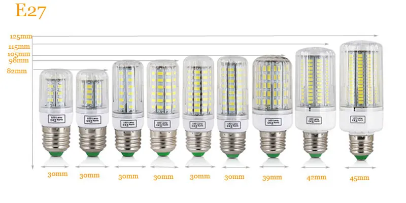 Светодиодный Светодиодная лампа-кукуруза E27 SMD 5730 7 Вт, 12 Вт, 15 Вт, 20 Вт, 25 Вт 30 Вт 45 Вт домашняя декорационная лампа для Люстра-прожектор 30 42 64 80 89 136 165 светодиодный s