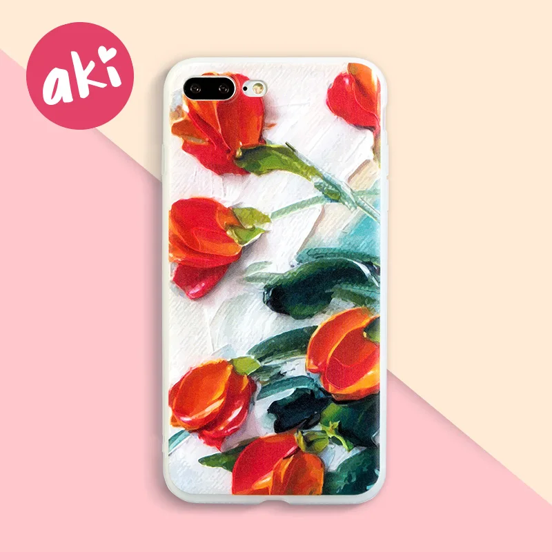 

AKI 3D Relief Tulip Phone Cases for iPhone 8 7 6 6s Plus Case Soft TPU Canvas Oil Painting Tulip Flower Phone Covers