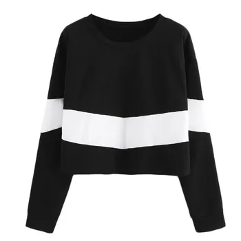 

Fashion lady blouse Long sleeve black and white stitching round neck girl sports shirt blouseBlack Hoodie #xqx