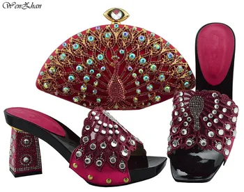 

Nigerian Party Shoe And Bag Sets With Crystal Italian High Heel Shoes with Matching Bags For Fashion Women Fuchsia B811-24