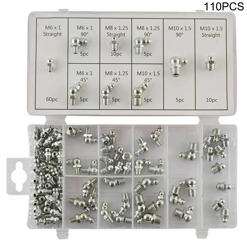 

110 Pcs Metric Grease Nipple Hydraulic Tool Fitting Assortment Set YAN88