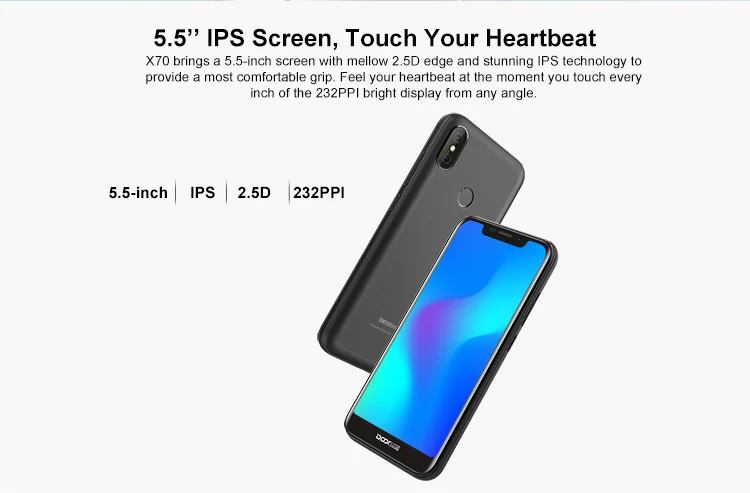 DOOGEE X70 2GB RAM 16GB ROM MTK6580A 1.3GHz Quad Core 5.5 Inch 2.5D IPS Screen Dual Camera Android 8.1 3G Smartphone