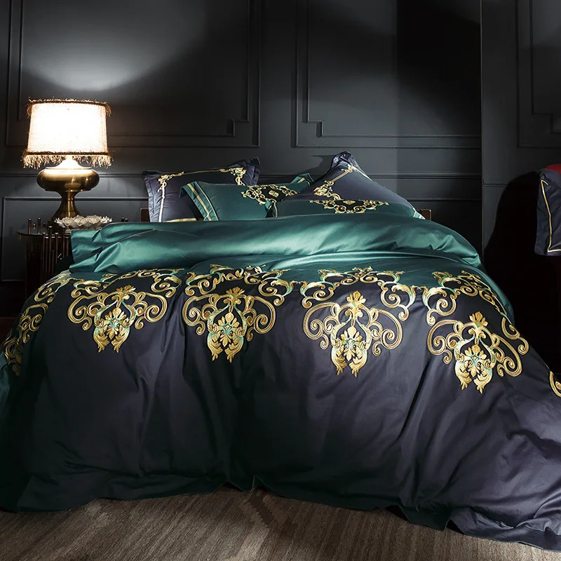 

Roman 100S 500T Satin Silk Villa Embroidery Pure Cotton Bedding Set Four-piece Set Luxury Home Textile Quilt Duvet Cover Set