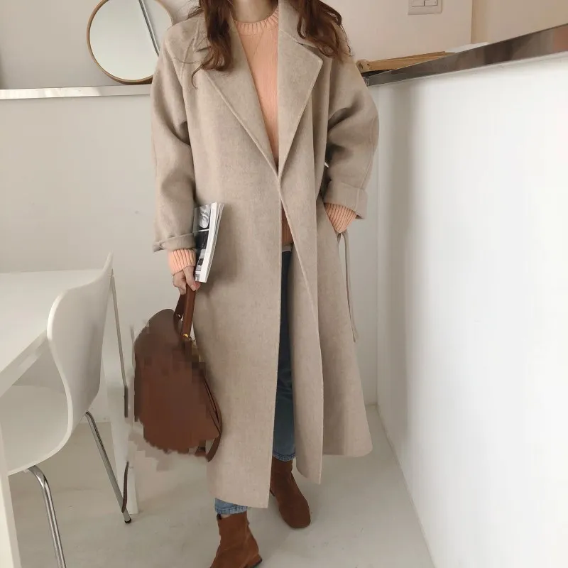 

Fashion Female Turn-Down Collar Blend Overcoat Autumn Winter Sashes Long Outerwear Solid Women Long Sleeve Wool Coats