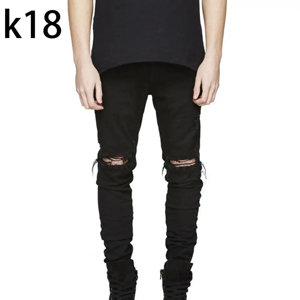 

Men Ripped Hole Slim Jeans Man Streetwear Knee Wearing Scratched Jeans Skinny Denim Pants мужская одежда спортивные штаны