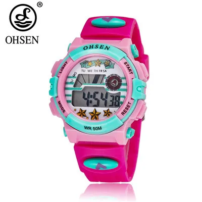 Топ продаж OHSEN Kids lcd Цифровые детские спортивные часы для мальчиков, наручные часы, модные детские часы 50 м, будильник для плавания, студенческие синие детские часы, подарок - Цвет: Rose