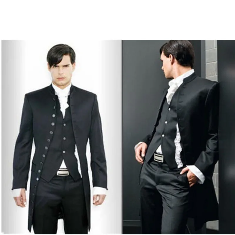 1-6 New black men's long suit business casual suit men's wedding suit groom suit custom long coat + pants + vest