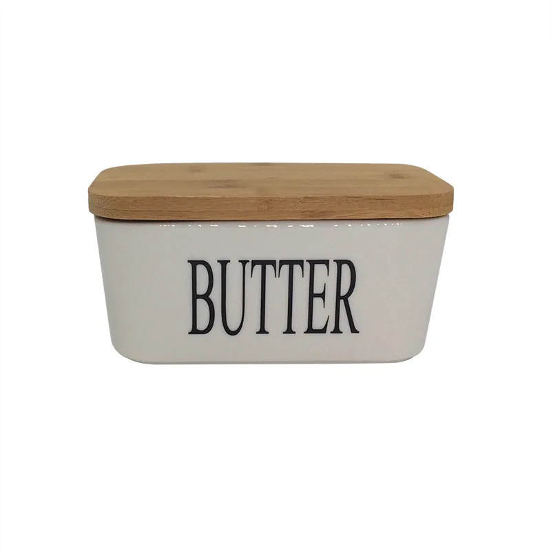 

Quail 6 Inch Butter Sealing Tank,Ceramic,White,with Wood Lid ,Cheese Server Storage Keeper Tray Cheese Dish