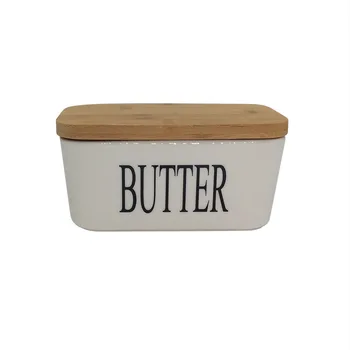 

Quail 6 Inch Butter Sealing Tank,Ceramic,White,with Wood Lid ,Cheese Server Storage Keeper Tray Cheese Dish