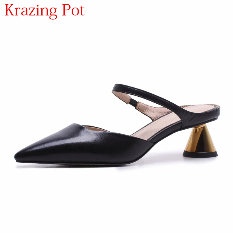 

Fashion Genuine Leather Metal Strange Style Med Heels Pointed Toe Slingback Slip on Summer Mules Beauty Office Lady Shoes L05