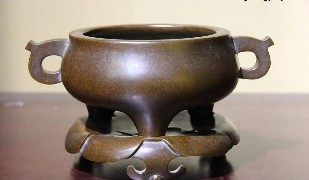

Tibet Buddhism Temple Purple Copper Double Ears Lotus leaf Censer Incense burner