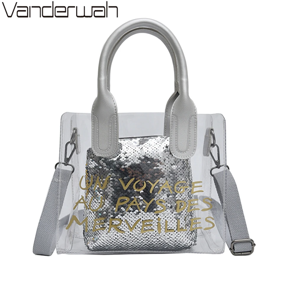 

2019 Summer New Handbag 2 Sets PVC Transparent Women bag Metallic Ring Tote bag Beach Travel Shoulder Messenger Bag Sac A Main