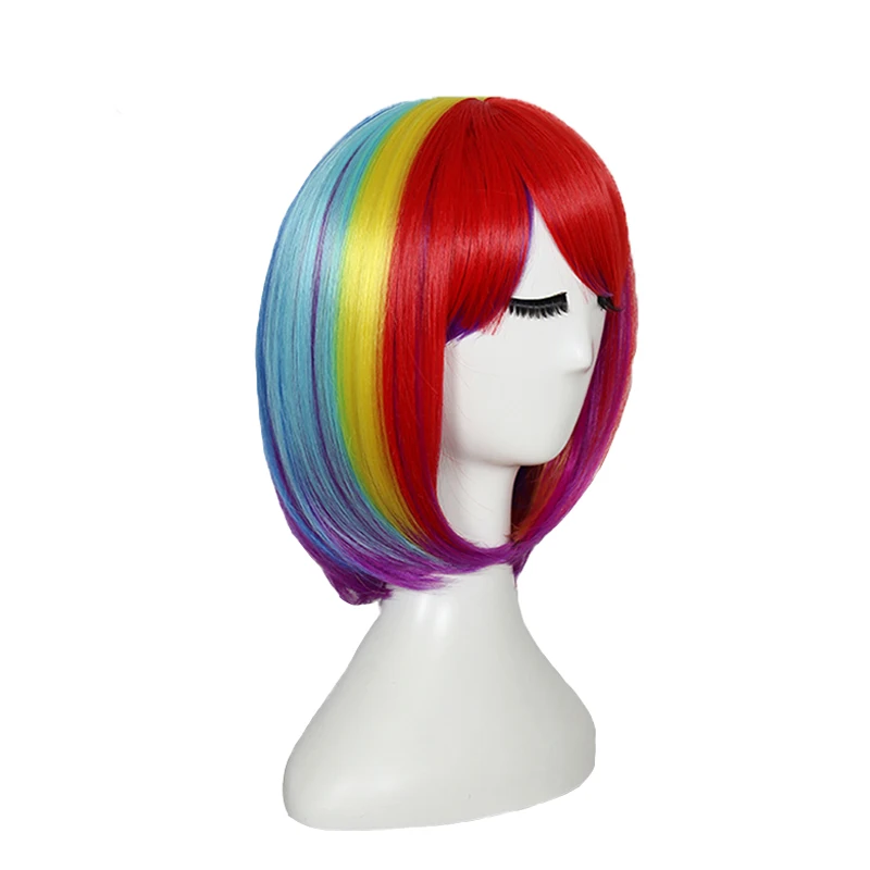 

HAIRSW Short Rainbow Straight Women Bob Wigs With Bangs Heat Resistant Cosplay Costume Synthetic Hair Colorful 10" for Party