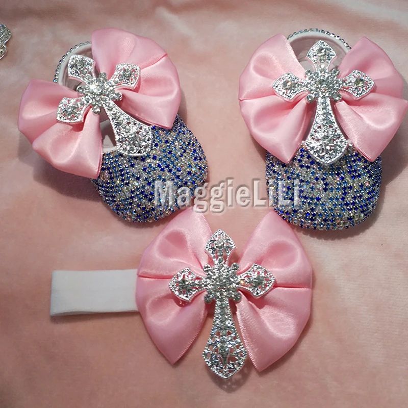 

bowknot Custom Sparkle Bling cross crystals Rhinestones Baby girls shoes infant 0-1Y ribbon shoes First Walkers hairband 7782