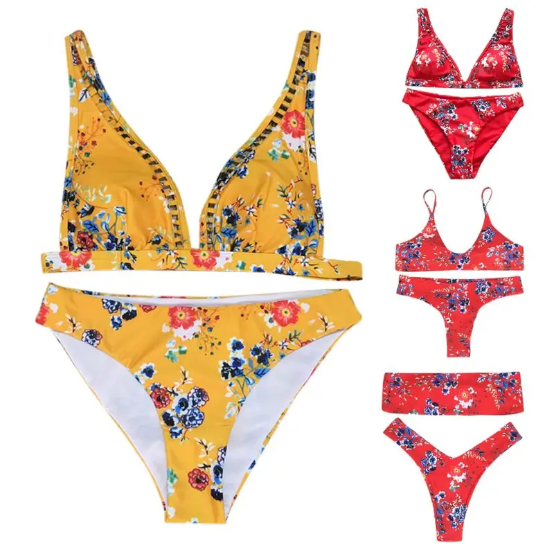 

Womens Sexy Two Piece Bikini Set Bohemian Vintage Floral Swimsuit Hollowed Deep V-Neck Bandeau Bra Low Waist Thong Push Up Padde