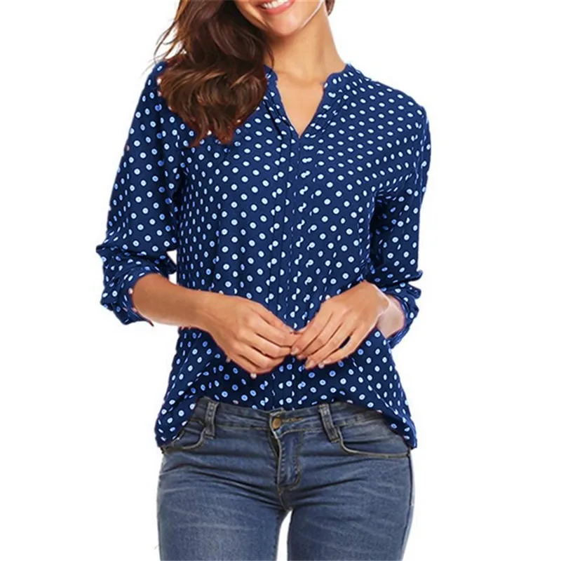

Large size Women's Blouse 2019 spring new print small dot V-neck long-sleeved sleeves Shirt fashion casual loose ladies Blouse