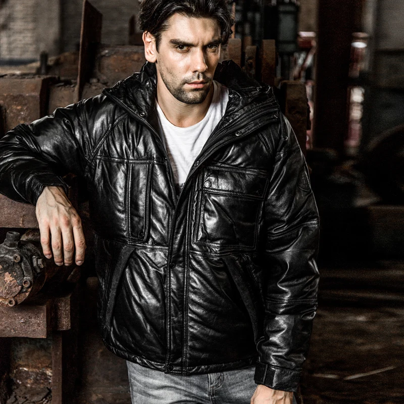 2018 winter jacket sheepskin white duck down genuine leather jacket men hooded real leather down