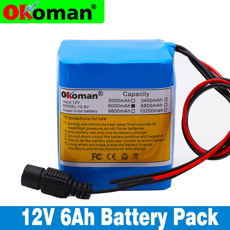 

Okoman large capacity battery pack 12V 6000mAh 18650 lithium ion rechargeable battery 6Ah DC12.6V portable battery pack