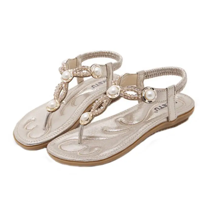 

SIKET Shoes Women Bohe Rhinestone String Bead Sandals Fashion Flat Large Size Casual Sandals Gold Beach Shoes zapatos mujerA5