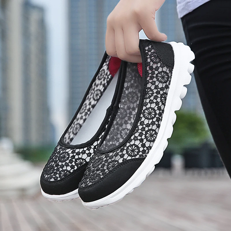 Summer  Woman  Zapatos Mujer Lace Breathable Lace light Weight Walking Shoes Loafer Sneaker Sport Shoes Adult Black Color 