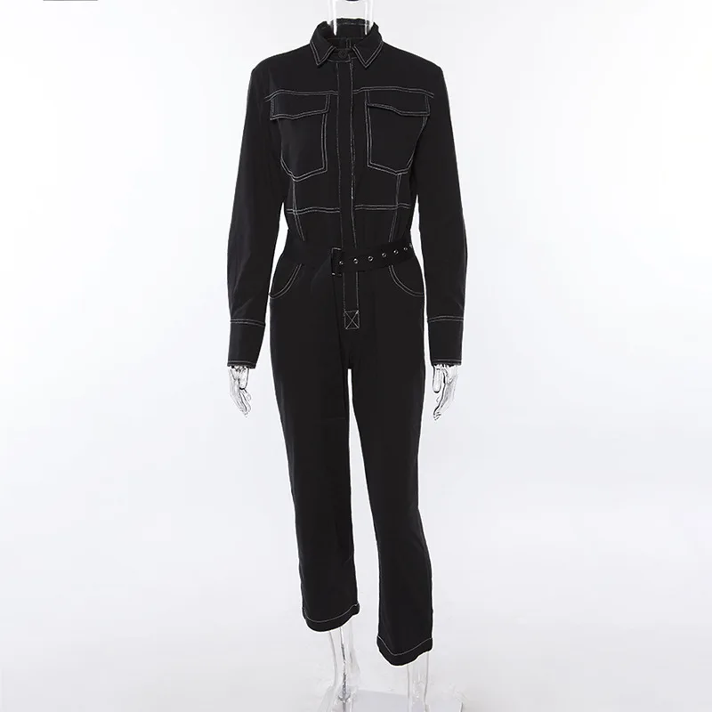 FCCEXIO, новые модные женские комбинезоны с длинным рукавом и отложным воротником, зимние джинсы, Длинные облегающие женские пояса, Комбинезоны
