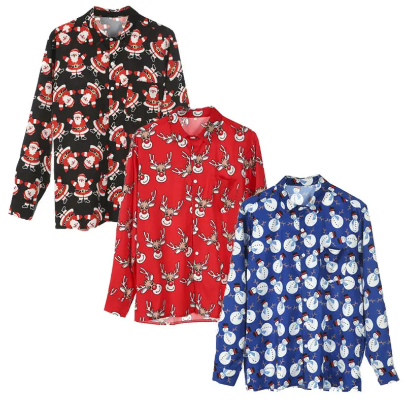 

2019 Men Christmas Printed Shirts Santa Snowman Reindeer Novelty Xmas Men Long Sleeve Tops