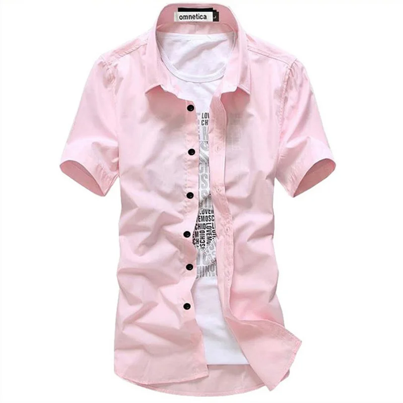 Мода рубашка молодой Досуг сплошной повседневное Хлопок Дешевые Slim Fit сезон: весна-лето для мужчин рубашка с короткими рукавами - Цвет: pink