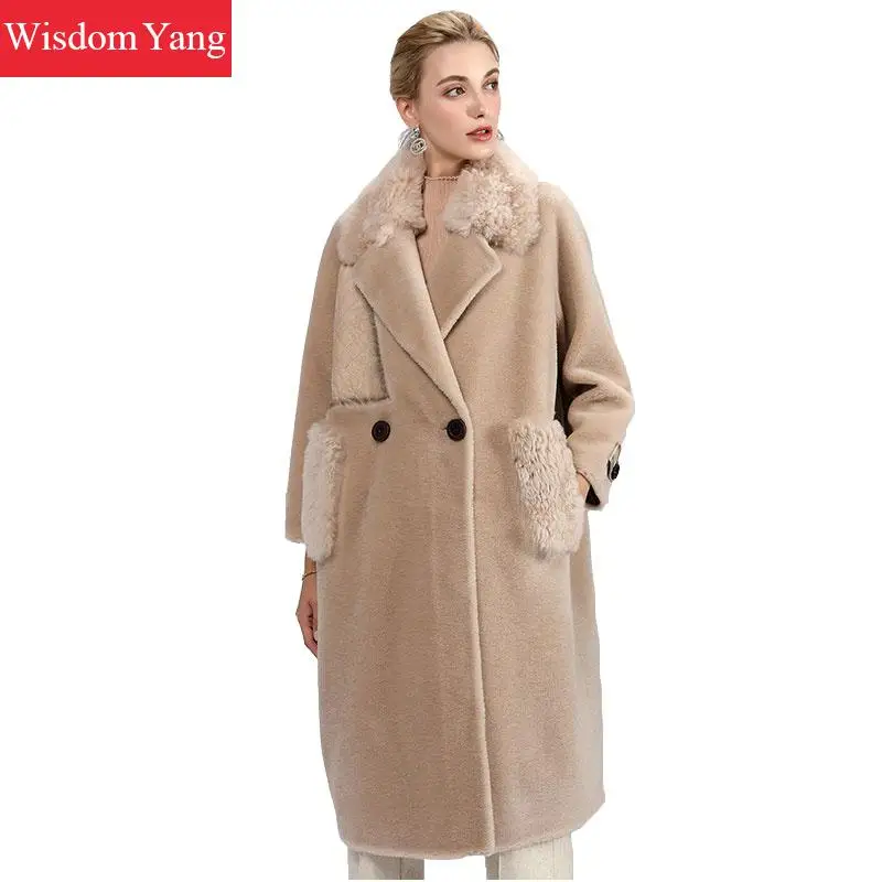 

Elegant Womens Sheep Wool Cashmere Coats Khaki Woman Winter Warm Long Woolen Office Lady Oversize Overcoat Casual Coat Outerwear