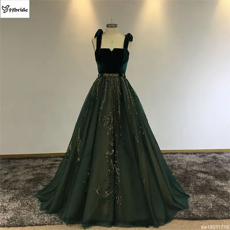 Boat-Neck темно-зеленый велюровый Длинные Вечерние Платья vestidos de fiesta largos elegantes de gala линии Спагетти ремень платья для выпускного вечера